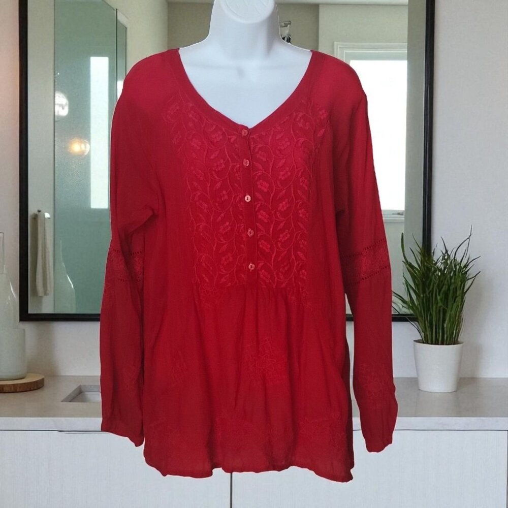 Johnny Was Red Embroidered Button-Front Long Sleeve Tunic‎ Blouse Size S